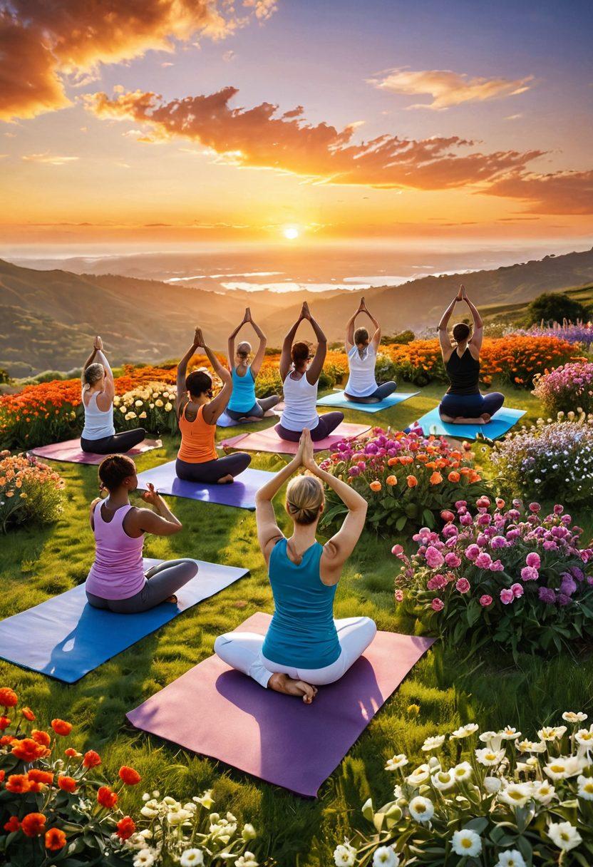 A serene landscape featuring a group of diverse cancer survivors participating in yoga amidst colorful flowers, symbolizing hope and resilience. In the background, a sun setting on a horizon filled with vibrant colors. Incorporate elements of wellness such as healthy food and supportive friends, embodying empowerment and choice. super-realistic. vibrant colors. calming atmosphere.