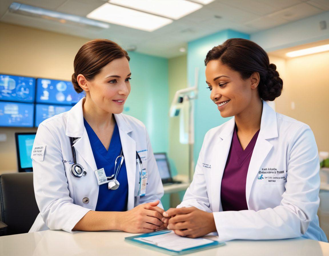 A compassionate healthcare professional discussing oncology innovations with a patient in a bright, welcoming clinic. Display modern technology and informational resources in the background, symbolizing empowerment and support. Incorporate diverse patients and a sense of hope through natural light streaming in. Illustrate the latest medical advancements and community resources in a warm, engaging atmosphere. super-realistic. vibrant colors. soft lighting.