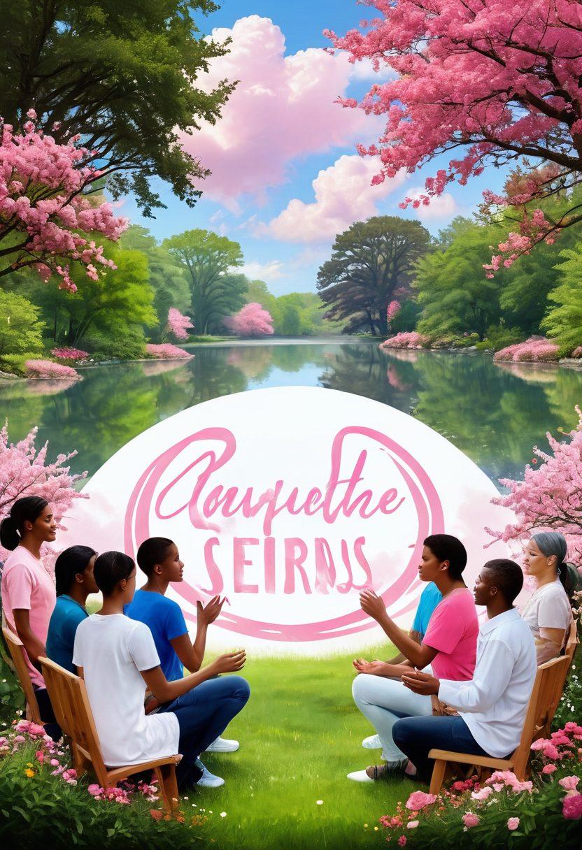 A serene scene depicting a diverse group of cancer warriors in a supportive circle, sharing stories and advice, with a backdrop of a calming nature setting such as a park or garden. Include symbols of hope, like pink ribbons and blooming flowers, along with essential health tips written in a stylish font on floating clouds. The overall atmosphere should convey strength, unity, and hope. vibrant colors. digital painting.